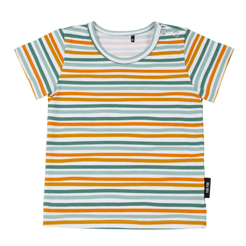 maglietta maniche corte girocollo con bottoncini automatici a righe multicolore