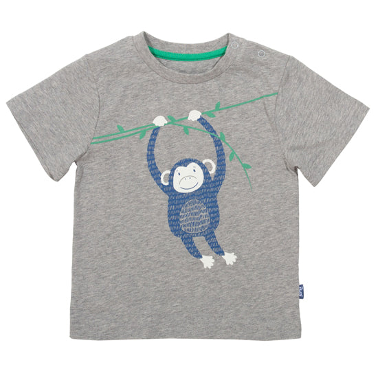 maglietta in cotone grigio melange con scimpanzè a maniche corte