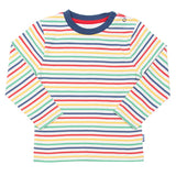 maglietta maniche lunghe a righe multicolor e girocollo a contrasto blu navy