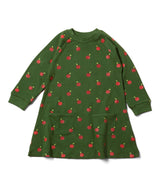 Vestito neonate e bambine in cotone biologico felpato verde con le mele a maniche lunghe