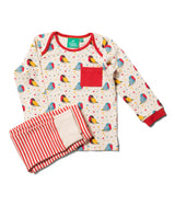 maglietta maniche lunghe fantasia con pappagalli colorati e pantaloni a righe bianco e rossi